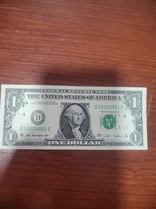 2009 1 Dollar Bill Fancy Note Serial Number - D10020051C - Picture 1 of 14