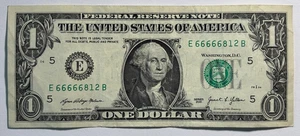 LUCKY 66666 $1 Dollar Bill Fancy Serial Number | E66666812B | FREE SHIPPING - Picture 1 of 2