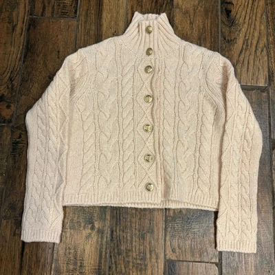 Cardigã J Crew suéter feminino pequeno malha de cabo gola alta cropped botão dourado - Imagem 1 de 4