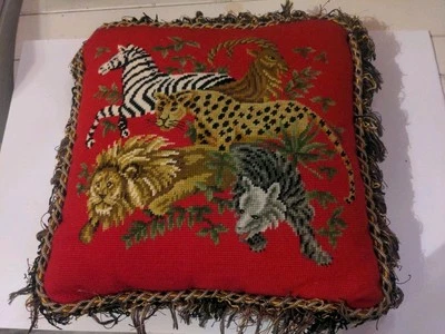 Vintage Needlepoint Tapestry Style Pillow 17x17 Jungle Animals Red Fringe - Image 1 of 4