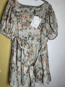 NWT Zimmerman Linen Knee Length Ballon Sleeves Dress Tie Strap Sz 3 - Picture 1 of 6