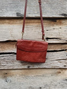 American Leather Co. Saddle Brown Tooled Leather Brass Studded Crossbody Bag - Picture 1 of 13