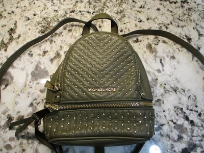 Michael Kors Rhea Mini Olive Green Leather Backpack with Studded Gold Detail - Image 1 of 4
