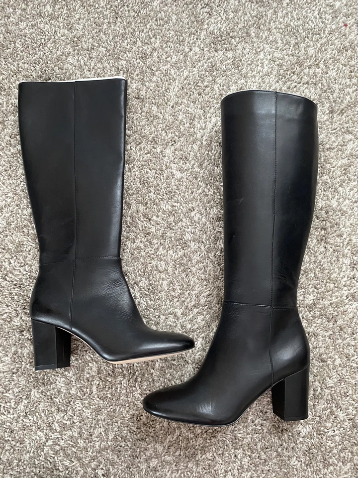 "Nuevas botas altas Ann Taylor negras de cuero con tacón ancho talla 6 Florence hasta la rodilla 3""" Foto 1 de 4
