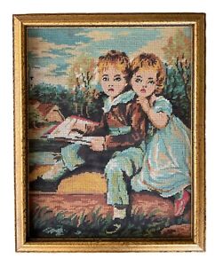 Vintage Needle Point Child Siblings Portrait Tapestry Embroidered Frame 8x10”