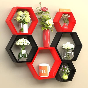 Beautiful Home Wear Wooden Floating Wall Shelves (Set of 6) (Red & Black) Gift - Picture 1 of 14