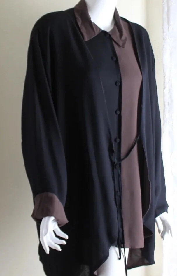 BIYA 尺寸 L Fab Lagenlook 透明雪纺精美茧夹克方格束腰上衣双胞胎 — 第 1/4 张图片