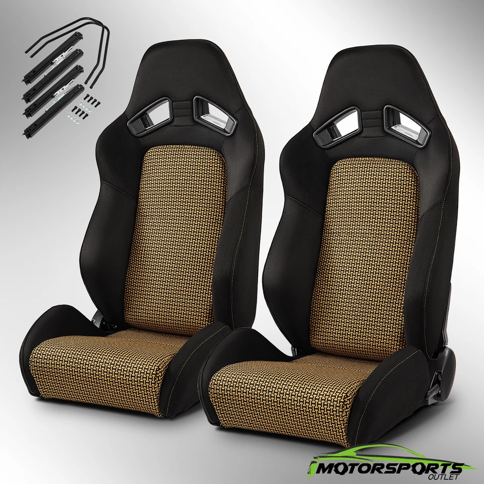 Par de asientos de carreras reclinables de PVC negro + dorado universal izquierdo/derecho Foto 1 de 4