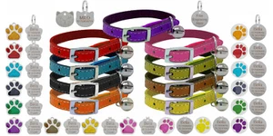 Genuine Leather Cat / Kitten Collar with Safety Elastic & Bell with Engraved Tag - Picture 1 of 38