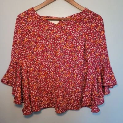By&By Girls Red Floral Bell Sleeve Back Neck Tie Blouse Size XL (16) - Image 1 of 4