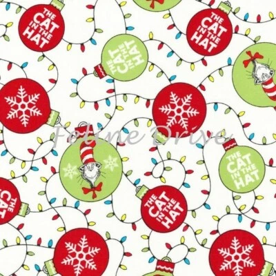 Tela Feline Drive HOLIDAY SEUSS Gato en el Sombrero Cuarto Graso Blanco (18"x 22") FQ Foto 1 de 4