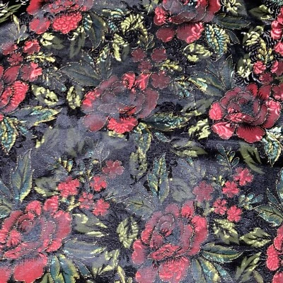 Embossed Rose Velour Feel Rose Trimmed In Gold Black Fabric 1.5 Yard - Image 1 of 4