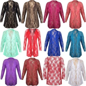 Womens Plus Size Floral Pattern Lace Cardigan Long Sleeve Waterfall Open Top - Picture 1 of 29