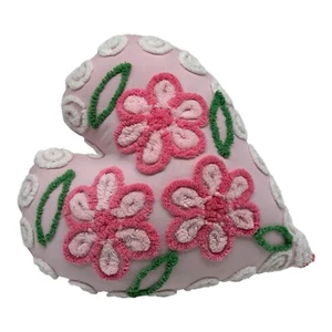 NEW Ex Large Handmade Chenille Heart Pillow Vtg Chenille Plush Flowers Valentine - Picture 1 of 9