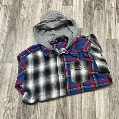 TOMMY HILFIGER Button Down Grey/Blue Plaid Flannel Hooded Shirt Youth Size Large - Image 1 of 4