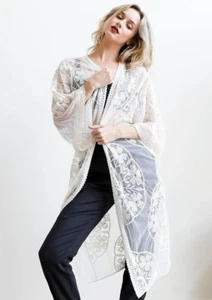 Ivory White Floral Boho Lace Duster Kimono Bikini Swim Suit Cover-up Size Large - Picture 1 of 2
