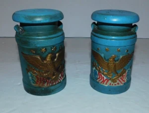NEAT CERAMIC SALT AND PEPPER SHAKERS BICENTENNIAL EAGLE MILK CAN DESIGN JAPAN - Picture 1 of 4
