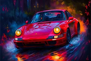 Red Porsche 911 Abstract Painting Poster Print Wall Art Home Decor - A4 Size - Picture 1 of 2