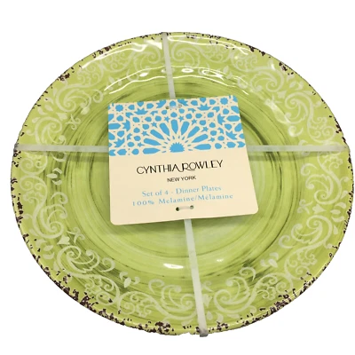 x4 Juego de platos de cena de melamina verde lima Cynthia Rowley medallón remolino Toscana Foto 1 de 2