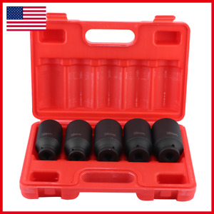 5Pcs 12 Point Axle Hub Nut Socket Sleeve Sets Metric Deep Impact For 1/2In Drive