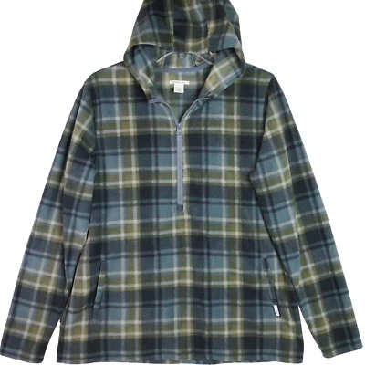 O'Neill Women’s Size M Hooded Fleece 1/2 Zip Pullover Sweater Plaid Blue Green - Image 1 of 4