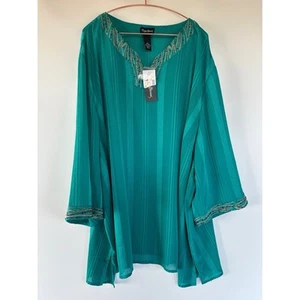 Maggie Barnes Blouse Top 5X NWT 34/36W Beaded Neckline Striped Semi Sheer - Picture 1 of 12