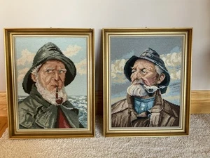 2 Vtg “The Old Salt” Sailor Maritime Framed Needlepoint Cross Stitch Sea Captain - Picture 1 of 24