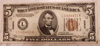 1934A Circulated Federal Reserve WWII Emergency Hawaii $5 Note - Image 1 of 2
