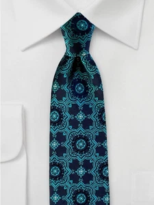 Paul Fredrick Mens 100% Silk Tie Navy Blue Metallic Teal Brocade Ornate Necktie - Picture 1 of 12