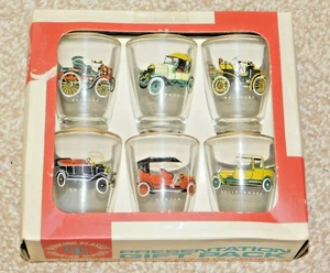 VERPACKTES SET MIT 6 VETERANEN AUTO SCHNAPSGLÄSERN um 1960 AUTO CLUBS RALLYES GOODWOOD  - Bild 1 von 1