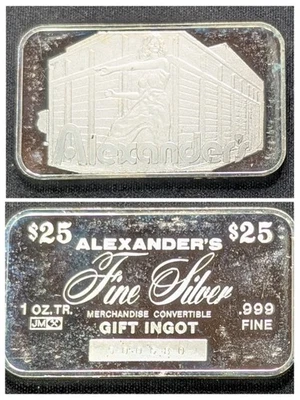 Barra de plata vintage Johnson Matthey Alexander's 1 oz .999 ~ 5K de colección ~ Serie # Foto 1 de 4
