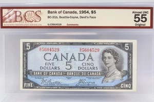 1954 Bank of Canada $5 Devil's Face, BCS Certified Almost UNC 55 Original - Picture 1 of 2