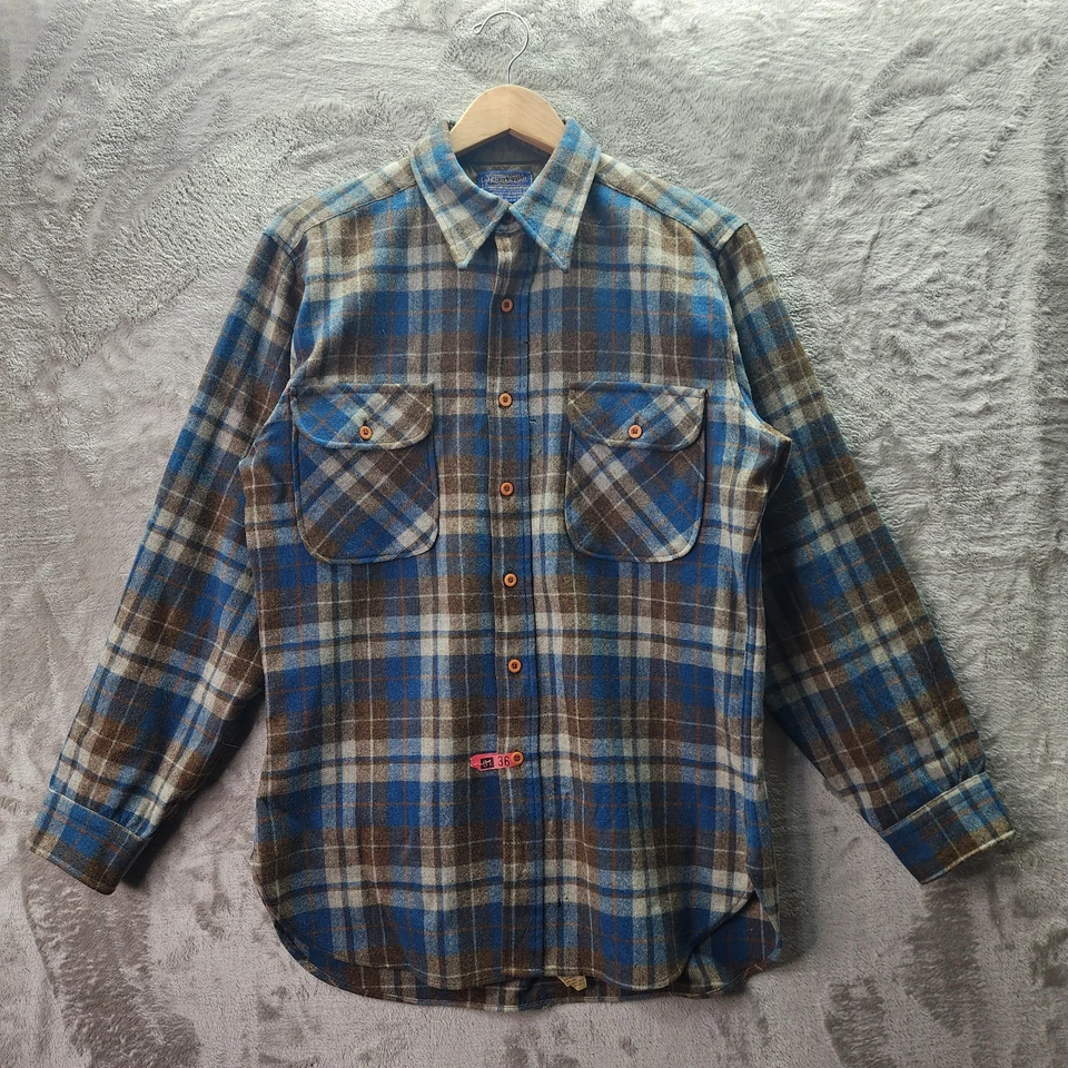 Pendleton Wool Shirt Made in USA Virgin Wool Plaid Flannel Brown Blue Men’s M - Image 1 of 4