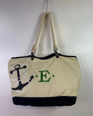 Thirty One Canvas Crew Beach Tote Bag Travel Ivory Blue Nautical Rope Handals - Image 1 of 4