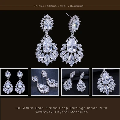 Pendientes colgantes enchapados en oro blanco de 18 quilates hechos con cristal de Swarovski regalo marquesa Foto 1 de 4