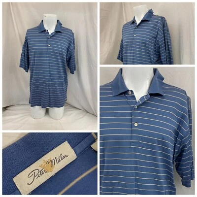 Peter Millar Shirt L Blue Stripe 100% Cotton Polo Short Sleeve YGI P2-130 - Image 1 of 4