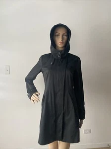 Zara Basic Black 100% Cotton Hooded Trench Coat Jacket Removable Hood Washable M - Picture 1 of 12