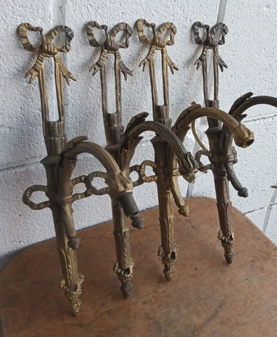 Antique set 5 Bronze sconces salvaged French Empire Chandelier lights Ribbon Bow Cover