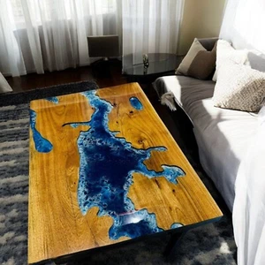 Blue Epoxy River Dining Table Live Edge Countertop Handmade Furniture Home Decor - Picture 1 of 7