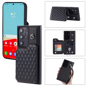 Card Slot Strap Grid Leather Phone Case For Samsung S23 S22 A13 A14 A54 A53 A04 - Picture 1 of 17