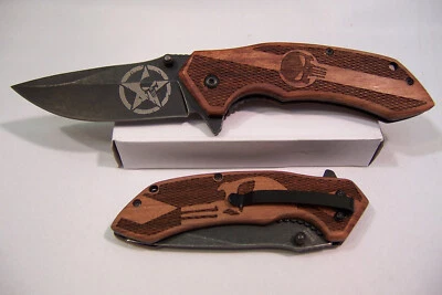 PUNISHER POCKET KNIFE WOOD HANDLE FRAME LOCK CLIP ASSISTED OPENING BLADE 8 INCH - Image 1 of 4