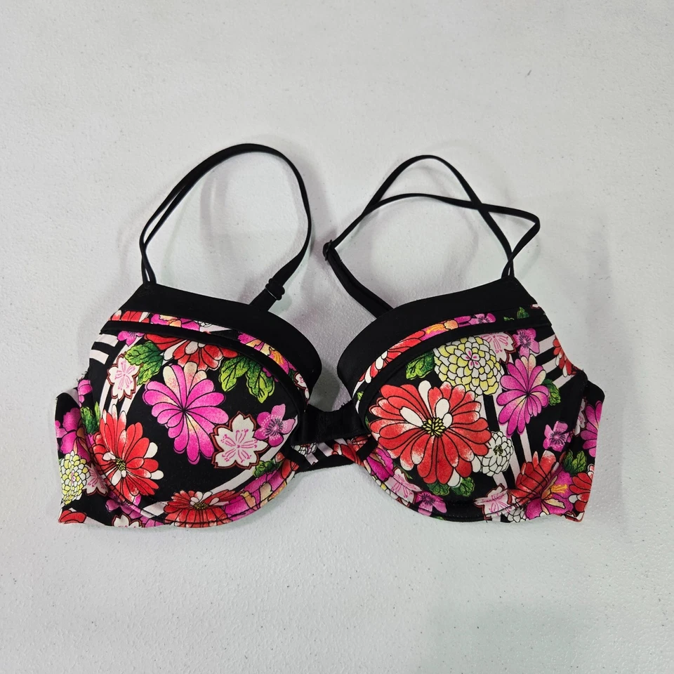 Бюстгальтер женский Victoria's Secret 32D черный цветочный в полоску с подкладкой на косточках - Изображение 1 из 4