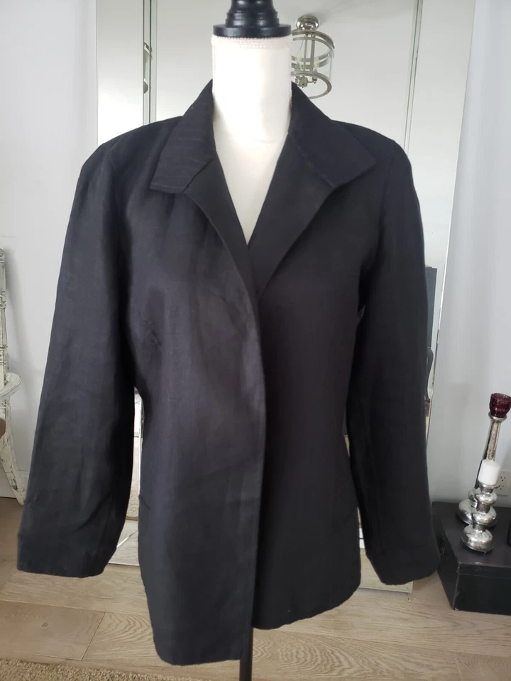 Chaqueta Blazer Ellen Tracy Linda Allard Frente Abierto 100% Lino Negra Talla 10 Foto 1 de 4