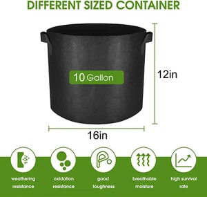 10 Pack Fabric Grow Pots Round Aeration Plant Pots Grow Bags 1-20 Gallon Black - Picture 1 of 29