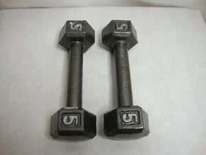 Pair of 5 Pound 10 Lbs Total Hex Style Iron Dumbbells Free Hand Weights Steel - Picture 1 of 7