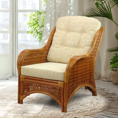 SK NEW INTERIORS Jam Design Handmade Rattan Wicker Lounge Chair with Thick Cream Cushion
