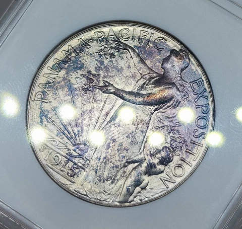 1915-S Panama Pacific Commem Silver Half Dollar ANACS Soapbox MS64 Rainbow Toned Cover