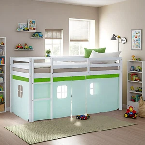 Hochbett 90x200 Kinder Weiß Bett Holz Massiv Vorhang Grün Stockbett Homestyle4u - Bild 1 von 10