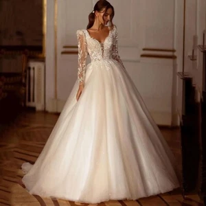 Glitter Champagne Wedding Dress Long Sleeve Lace Appliques Modern Bridal Gown - Picture 1 of 11