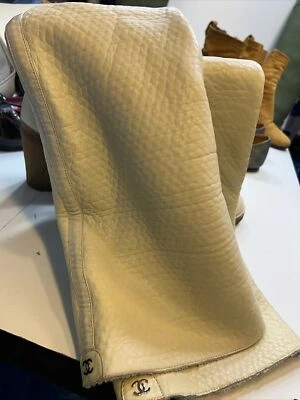Chanel 39.5 OTK Boots CC Logo Over The Knee Thigh High Heel Lined Ivory Silver - Image 1 of 4